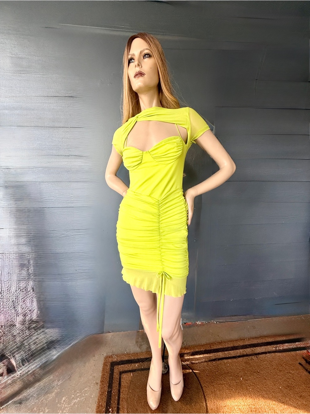 Neon Lime Ruched Cutout Mini Dress